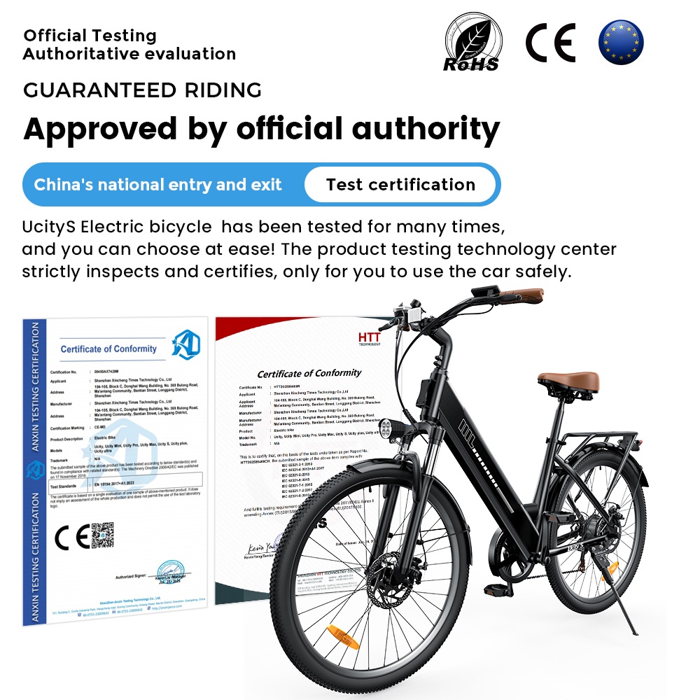 UcityS Electric Bike, 250W Motor, 36V 13Ah Battery, Up to 90km Range, 25km/h Max Speed, 26' Fat Tires, Front Suspension, Dual Disc Brakes, Front & Rear Lights, App Control - Black