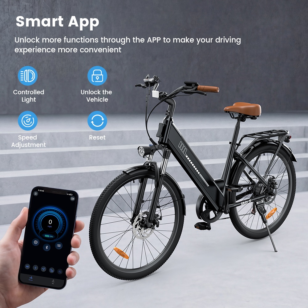 UcityS Electric Bike, 250W Motor, 36V 13Ah Battery, Up to 90km Range, 25km/h Max Speed, 26' Fat Tires, Front Suspension, Dual Disc Brakes, Front & Rear Lights, App Control - Black