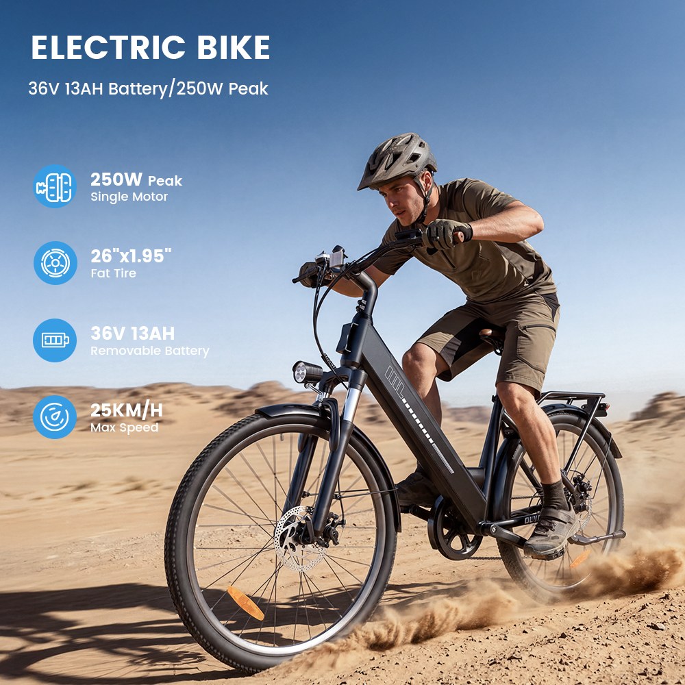 UcityS Electric Bike, 250W Motor, 36V 13Ah Battery, Up to 90km Range, 25km/h Max Speed, 26' Fat Tires, Front Suspension, Dual Disc Brakes, Front & Rear Lights, App Control - Black