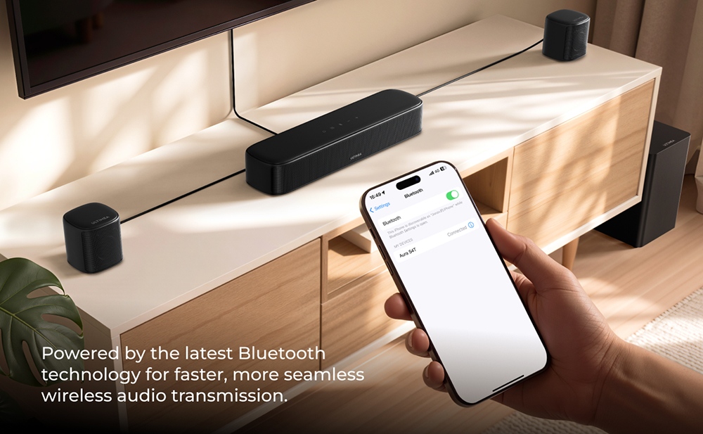 Ultimea Aura S4T 7.1 Soundbar-Subwoofer-Lautsprecherset, 4 Surround-Lautsprecher, 360&deg; virtueller Surround-Sound, App-Steuerung, 10-Band-Equalizer, 121 voreingestellte EQ-Einstellungen, HDMI eARC, Bluetooth 6.0