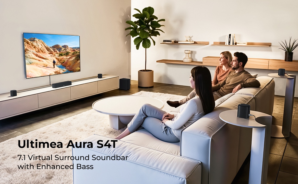 Ultimea Aura S4T 7.1 Soundbar-Subwoofer-Lautsprecherset, 4 Surround-Lautsprecher, 360&deg; virtueller Surround-Sound, App-Steuerung, 10-Band-Equalizer, 121 voreingestellte EQ-Einstellungen, HDMI eARC, Bluetooth 6.0