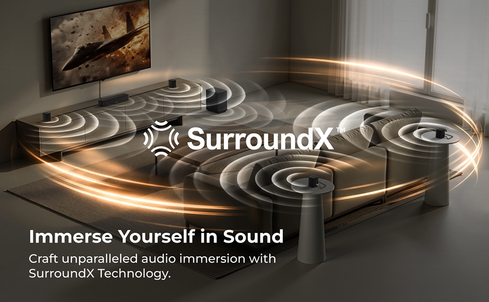 Ultimea Aura S4T 7.1 Soundbar-Subwoofer-Lautsprecherset, 4 Surround-Lautsprecher, 360&deg; virtueller Surround-Sound, App-Steuerung, 10-Band-Equalizer, 121 voreingestellte EQ-Einstellungen, HDMI eARC, Bluetooth 6.0