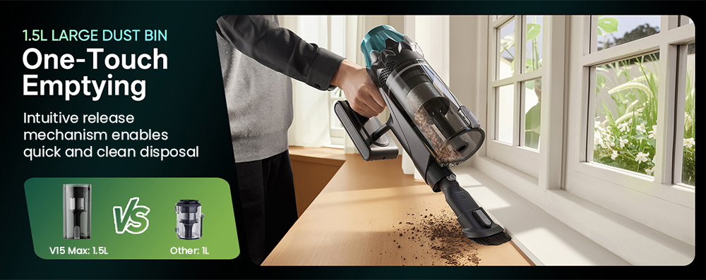 Vactidy V15 Max Akku-Staubsauger, 65 kPa Saugkraft, 600-W-Motor, 60 Minuten Laufzeit, flexibler Schlauch, gr&uuml;ne Stauberkennung, verwicklungsfreie B&uuml;rste, 6-lagige Filterung, 1,5-Liter-Staubbeh&auml;lter