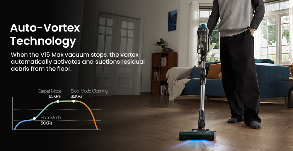 Vactidy V15 Max Akku-Staubsauger, 65 kPa Saugkraft, 600-W-Motor, 60 Minuten Laufzeit, flexibler Schlauch, gr&uuml;ne Stauberkennung, verwicklungsfreie B&uuml;rste, 6-lagige Filterung, 1,5-Liter-Staubbeh&auml;lter