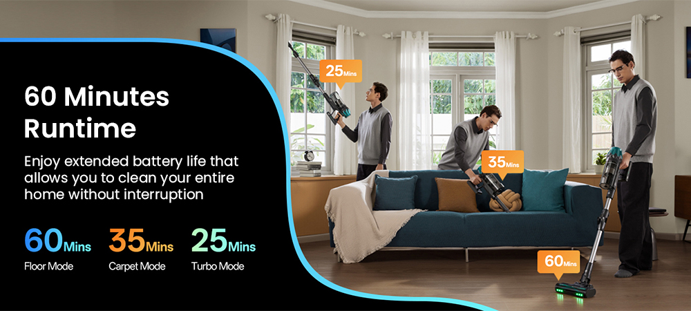 Vactidy V15 Max Akku-Staubsauger, 65 kPa Saugkraft, 600-W-Motor, 60 Minuten Laufzeit, flexibler Schlauch, gr&uuml;ne Stauberkennung, verwicklungsfreie B&uuml;rste, 6-lagige Filterung, 1,5-Liter-Staubbeh&auml;lter