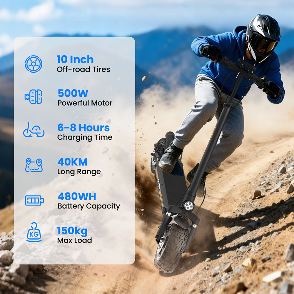 W9air Electric Scooter, 500W Motor, 48V10Ah Battery, 25km/h Max Speed, 40km Range, 10-Inch Off-Road Tires, Front & Rear Suspension, 30&deg; Climbing, 150kg Max Load