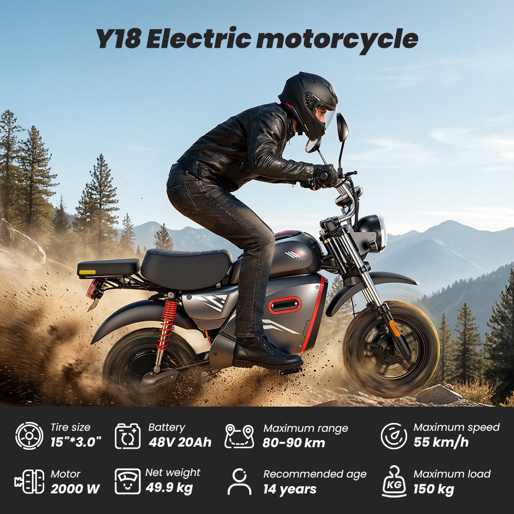Y18 Electric Motorcycle,  2000W Motor, 48V 20Ah Battery, 55km/h Max Speed, 90km Range, 15