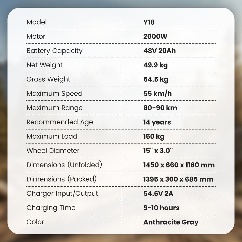 Y18 Electric Motorcycle,  2000W Motor, 48V 20Ah Battery, 55km/h Max Speed, 90km Range, 15