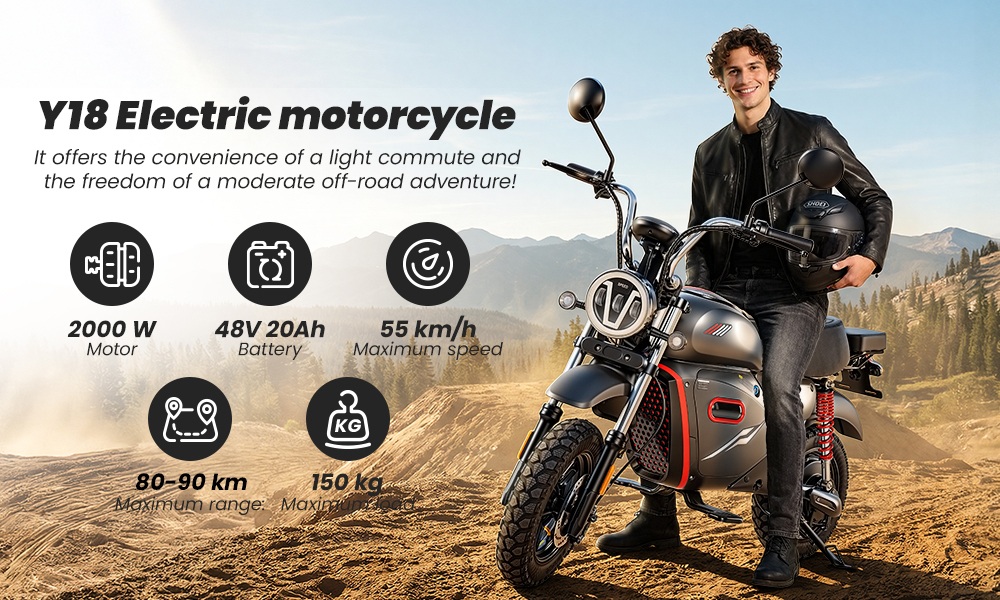 Y18 Electric Motorcycle,  2000W Motor, 48V 20Ah Battery, 55km/h Max Speed, 90km Range, 15