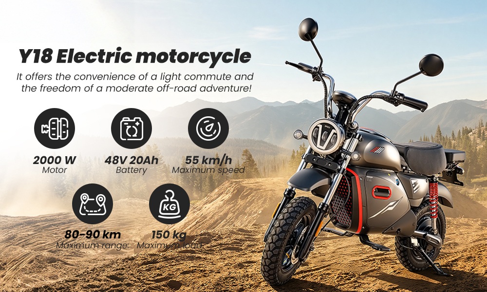 Y18 Electric Motorcycle,  2000W Motor, 48V 20Ah Battery, 55km/h Max Speed, 90km Range, 15