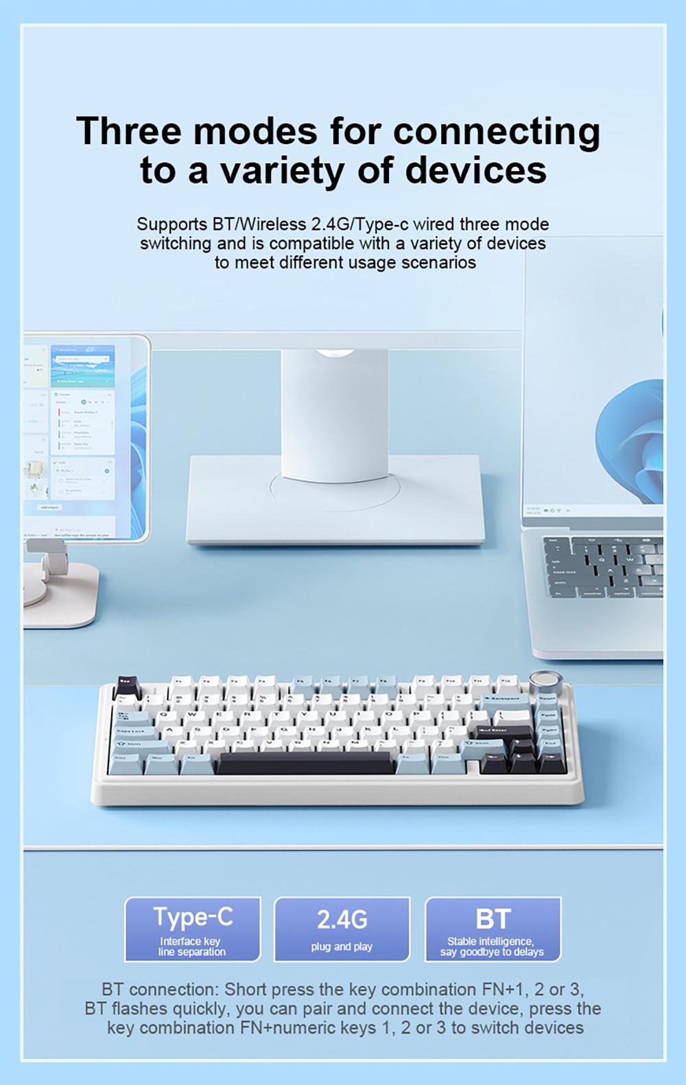 AULA F75 Tri-Mode Wireless Mechanical Keyboard, 75% Layout, Gasket Mount, Hot-Swappable, RGB Backlit, Multimedia Knob, 4000mAh Battery - Blue