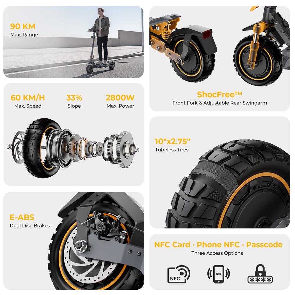 Ausom K20 Pro Dual Motor Electric Scooter, 1000W*2 Motor, 48V 18Ah Battery, 10-inch Tires, 60km/h Max Speed, 90km Range, Front & Rear Disc Brake, Dual Front Suspension, NFC Unlock