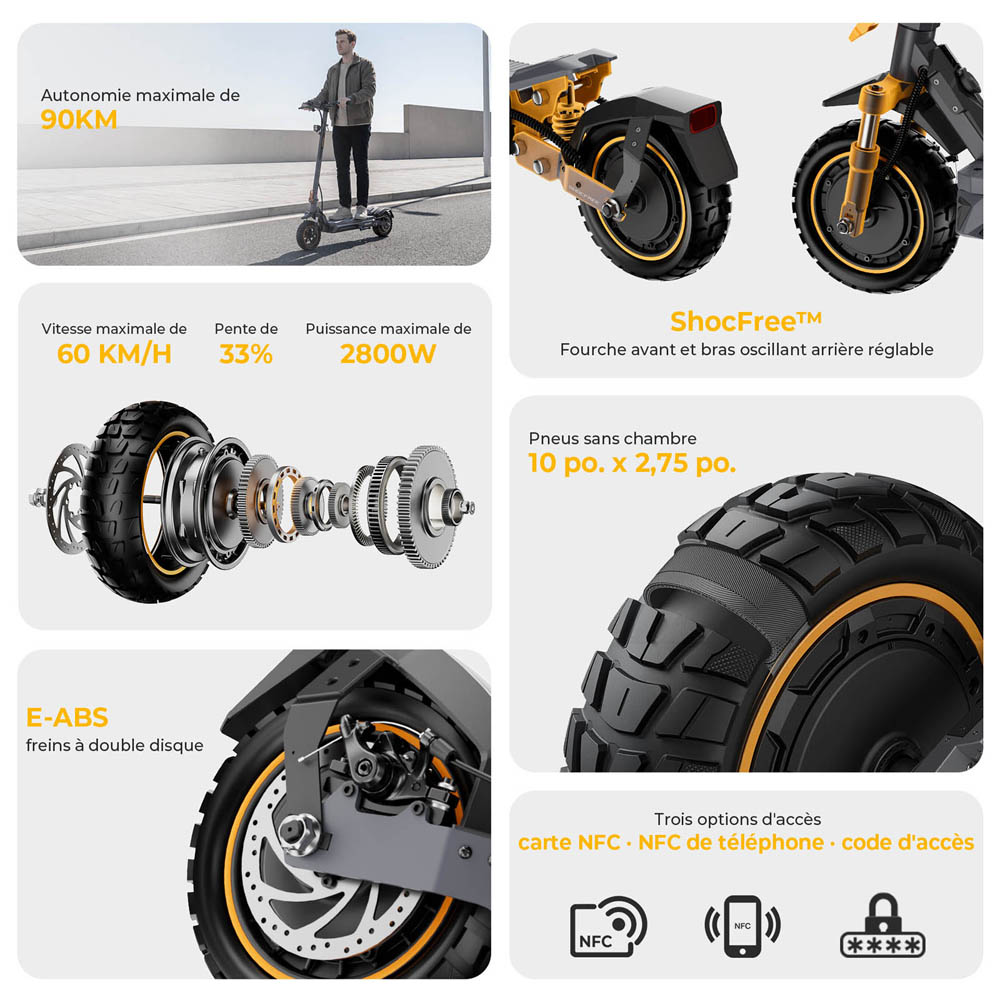 Ausom K20 Pro Trottinette &Eacute;lectrique Double Moteur, Moteur 1000W*2, Batterie 48V 18Ah, Pneus 10 pouces, Vitesse Maximale 60km/h, Autonomie 90km, Freins &agrave; Disque Avant & Arri&egrave;re, Double Suspension Avant, D&eacute;verrouillage NFC