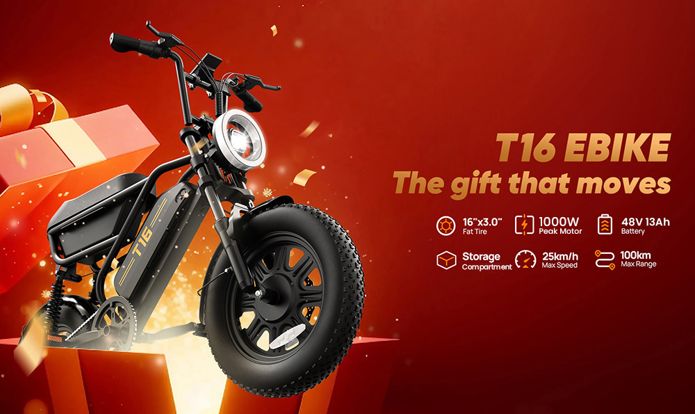 URLIFE T16 Elektrofahrrad, 250W Hochdrehmomentmotor, 48V 13Ah Batterie, bis zu 100km Reichweite, 25km/h Höchstgeschwindigkeit, 16''×3.0'' Fat-Tires, Vollfederung, Doppelscheibenbremsen, 30° Max Climbing