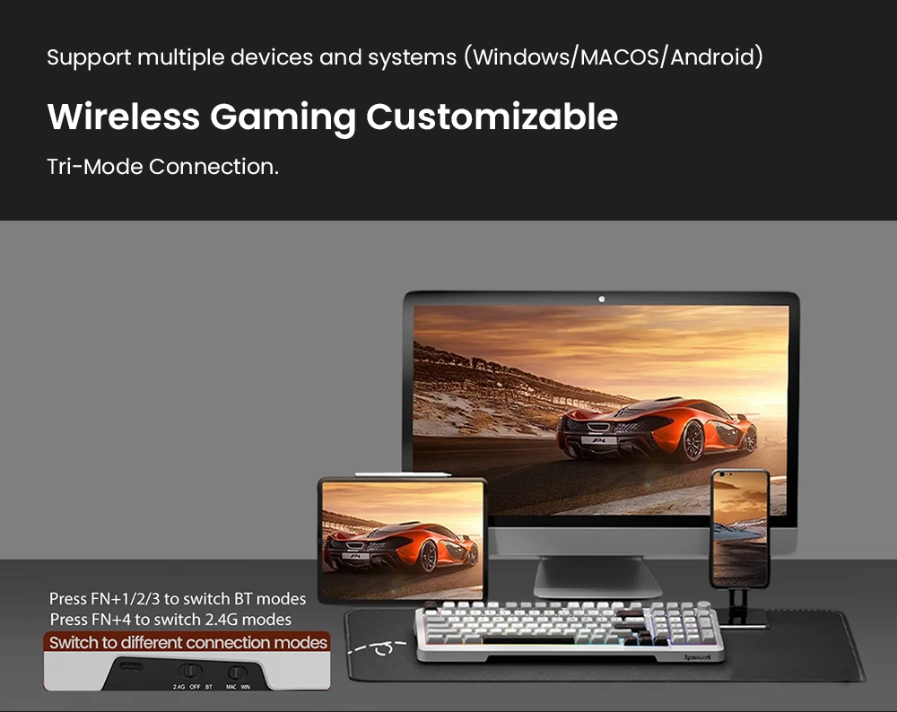 Redragon K688WGL-RGB-PRO Mechanical Keyboard, 98-Key + Knob, Tri-Mode Wired/2.4G/Bluetooth, Hot-Swappable LongYin Linear Switch, RGB Backlit, 4000mAh Battery