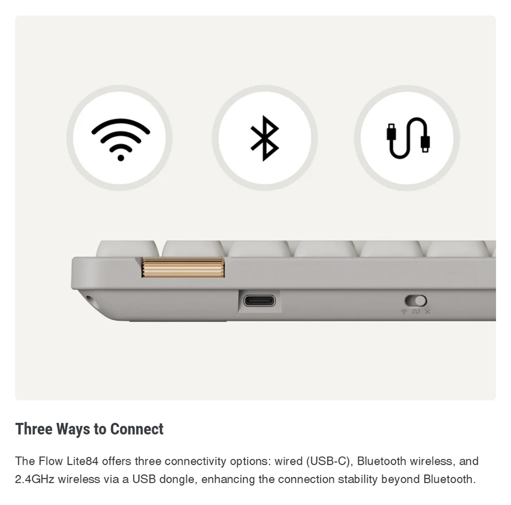 Lofree Flow Lite Low-Profile Mechanical Keyboard, 84-Key Compact Layout, Tri-Mode 2.4G/Bluetooth/USB-C, 2000mAh Battery, Specter Linear Switch 40gf, PBT Double-Shot Keycaps, 1000Hz Polling Rate, Volume Knob - White