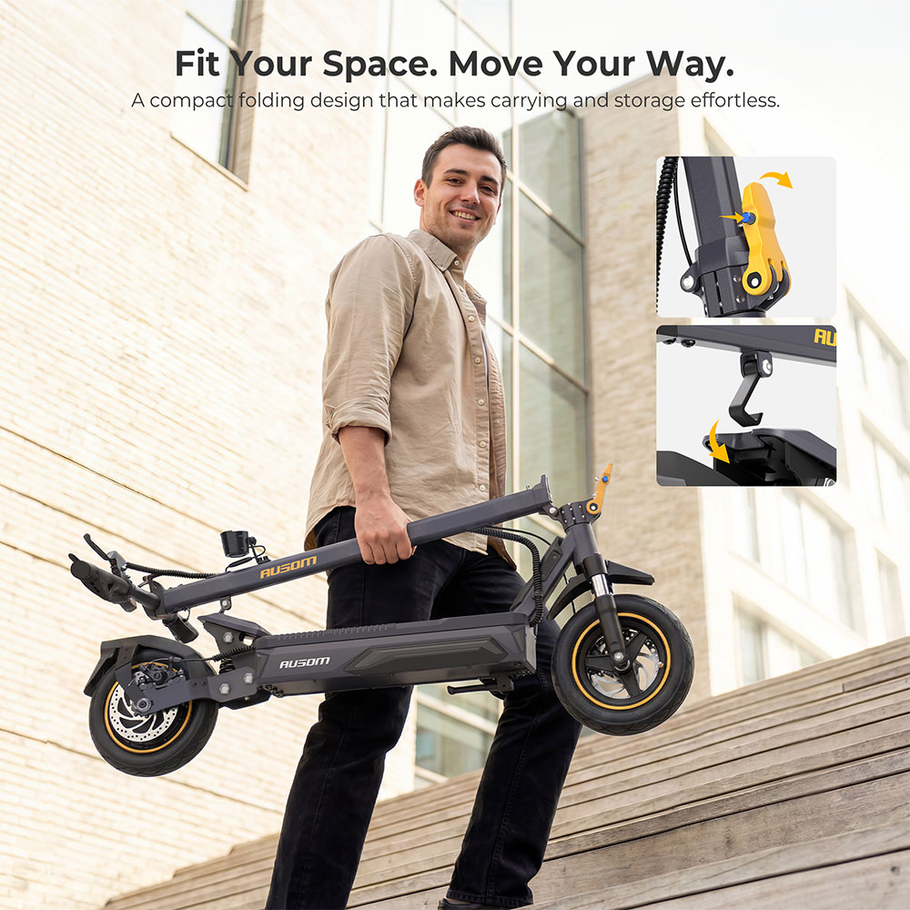 Ausom K20 Pro Electric Scooter, 1000W Motor, 48V 18Ah Battery, 10 inch Tires, 50km/h Max Speed, 90km Range, Front & Rear Disc Brake, Dual Front Suspension, NFC Unlock