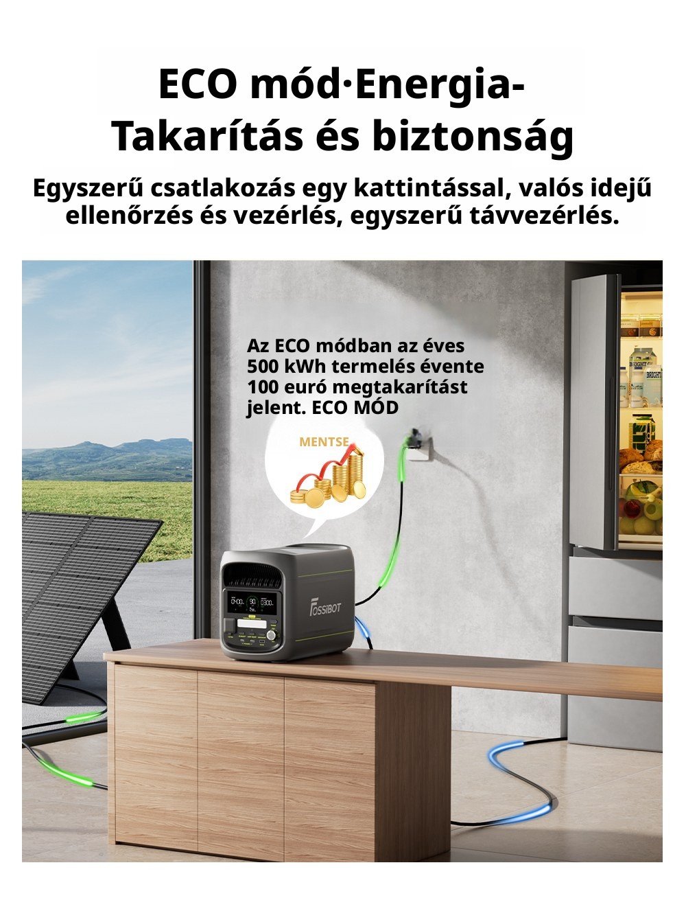 FOSSiBOT F1800 Hordozhat&oacute; Erőmű, 1024Wh LiFePO4, 1800W AC Kimenet, Ultra-Gyors 1200W AC & 500W Napelemes T&ouml;lt&eacute;s, T&ouml;bbportos USB/Type-C/Aut&oacute;s Kimenet, App-vez&eacute;rl&eacute;s, Csendes <10ms UPS