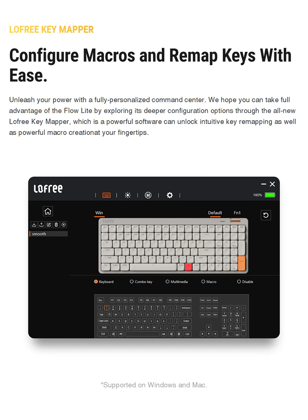 Lofree Flow100 Lite Low Profile Mechanical Keyboard, 100 Keys, Tri-Mode Wireless (Bluetooth/2.4G/Wired), Gasket Mount, PBT Keycaps, 3000mAh Battery, Volume Knob