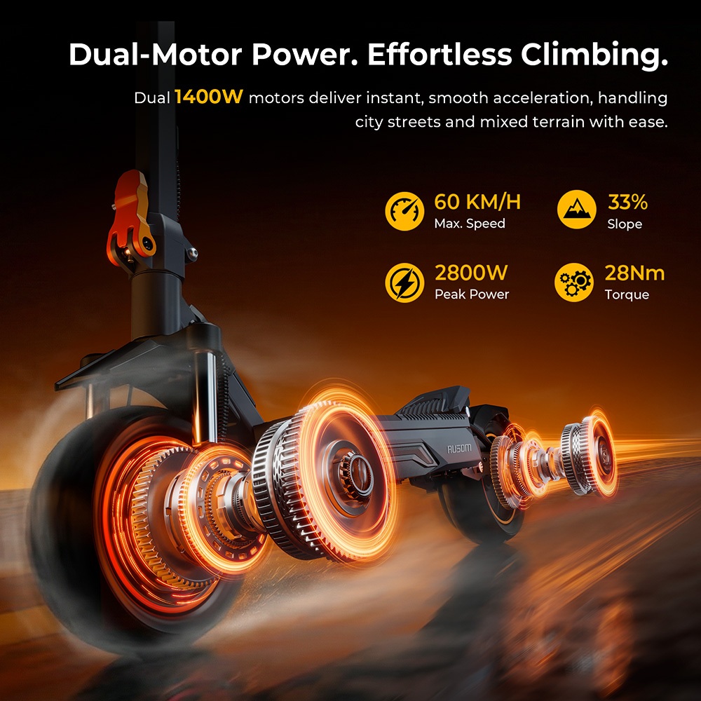 Ausom K20 Pro Dual Motor Electric Scooter, 1000W*2 Motor, 48V 18Ah Battery, 10-inch Tires, 60km/h Max Speed, 90km Range, Front & Rear Disc Brake, Dual Front Suspension, NFC Unlock