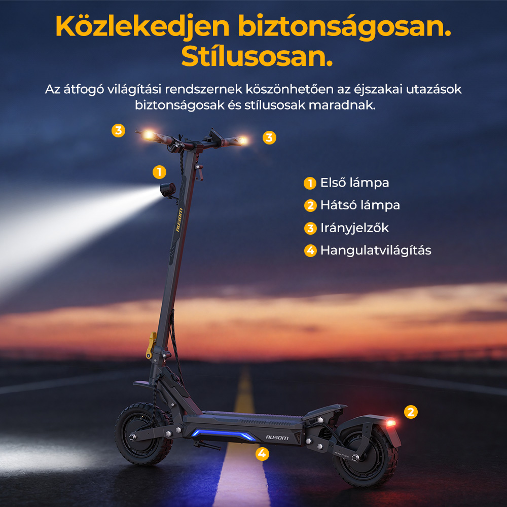 Ausom Gosoul 2 Pro K&eacute;tmotoros Elektromos Roller, 1000W*2 Motor, 48V 18Ah Akkumul&aacute;tor, 10 H&uuml;velykes Gumiabroncsok, 60km/h Maxim&aacute;lis Sebess&eacute;g, 90km Hat&oacute;t&aacute;v, Első & H&aacute;ts&oacute; T&aacute;rcsaf&eacute;k, Kettős Első Felf&uuml;ggeszt&eacute;s, NFC Felold&aacute;s