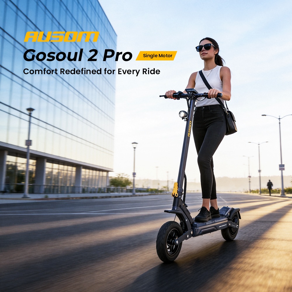 Ausom Gosoul 2 Pro Elektromos Roller, 1000W Motor, 48V 18Ah Akkumul&aacute;tor, 10 H&uuml;velykes Gumiabroncsok, 20 km/h Maxim&aacute;lis Sebess&eacute;g, 90 km Hat&oacute;t&aacute;v, Elő- &eacute;s H&aacute;ts&oacute; Lemezf&eacute;kkel, K&eacute;toldali Előf&uuml;ggeszt&eacute;s, NFC Felold&aacute;s