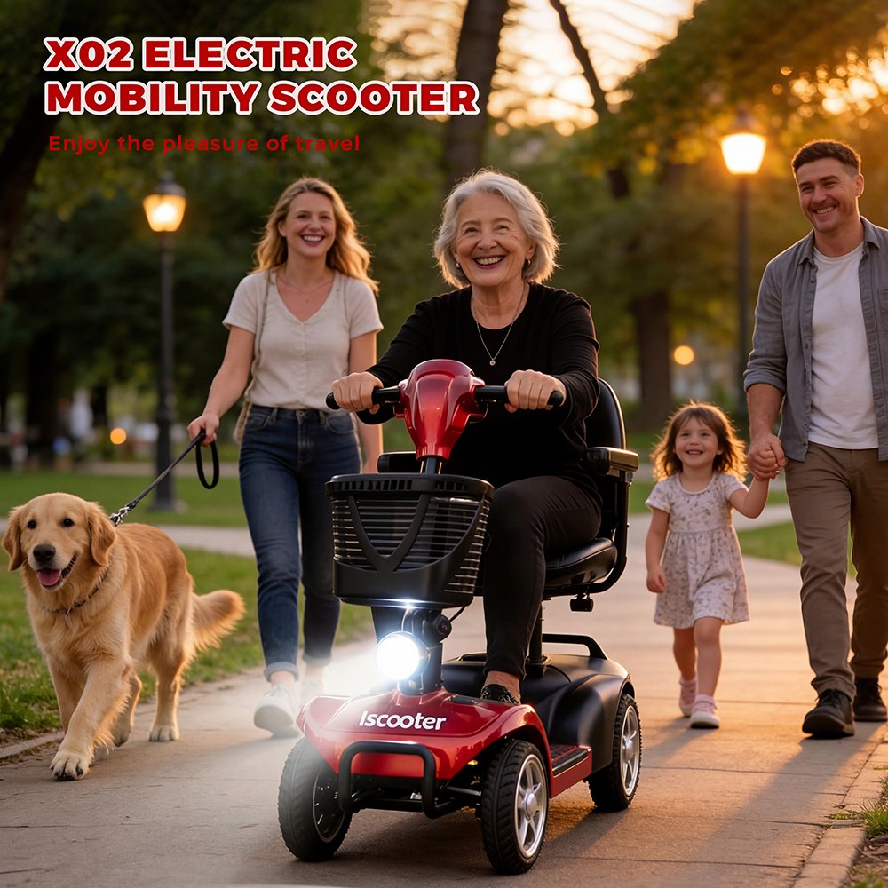iScooter X02 Mobility Robog&oacute;, 300 W-os Motor, 24 V 12 Ah Akkumul&aacute;tor, 8 km/h Max. Sebess&eacute;g, 25 km Hat&oacute;t&aacute;vols&aacute;g, 4 Kerekű Elektromos Roller Forg&oacute;&uuml;l&eacute;ssel &eacute;s Elektrom&aacute;gneses F&eacute;kkel, 136 kg Max. Terhelhetős&eacute;g