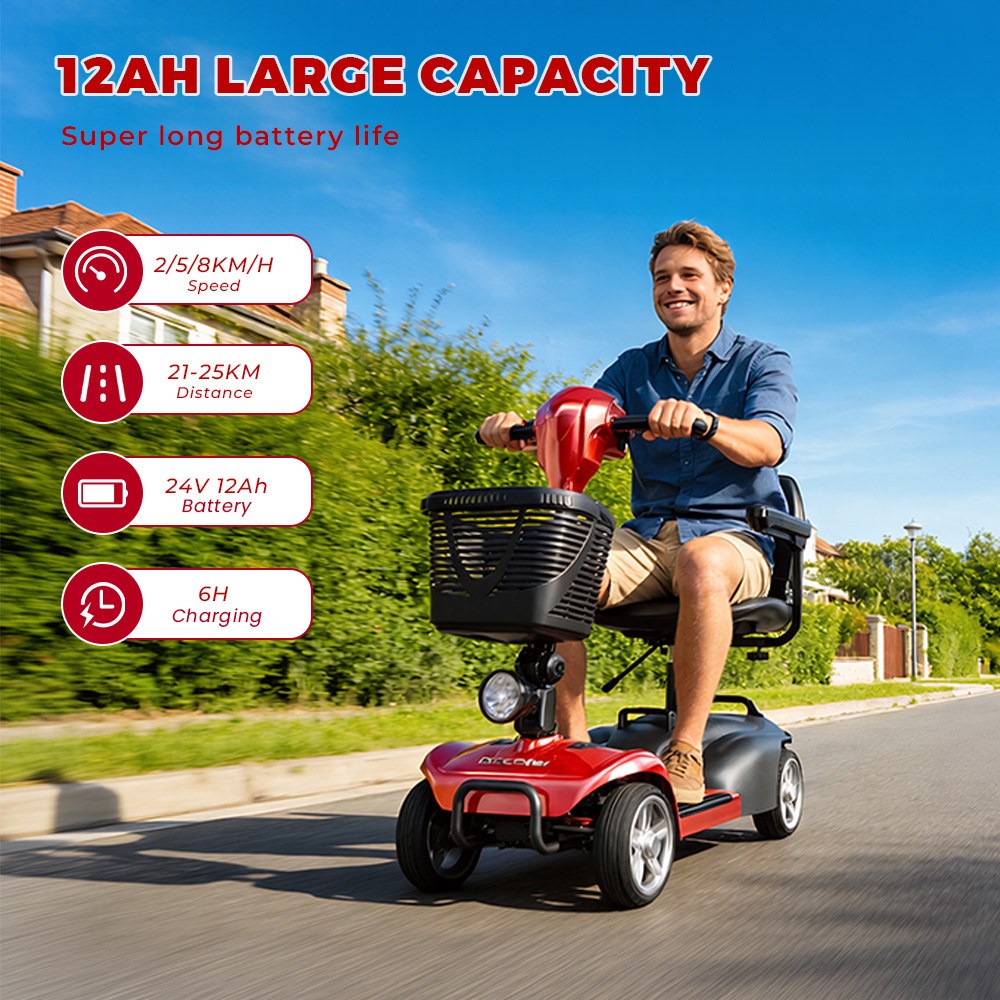 iScooter X02 Mobility Robog&oacute;, 300 W-os Motor, 24 V 12 Ah Akkumul&aacute;tor, 8 km/h Max. Sebess&eacute;g, 25 km Hat&oacute;t&aacute;vols&aacute;g, 4 Kerekű Elektromos Roller Forg&oacute;&uuml;l&eacute;ssel &eacute;s Elektrom&aacute;gneses F&eacute;kkel, 136 kg Max. Terhelhetős&eacute;g