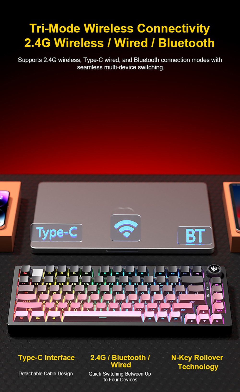 LEOBOG Hi75C Pro Tri-Mode Wireless Mechanical Keyboard, 75% Layout, Aluminum Case, Gasket Mount, Hot-Swappable, RGB Backlit, Knob Control, 4000mAh Battery