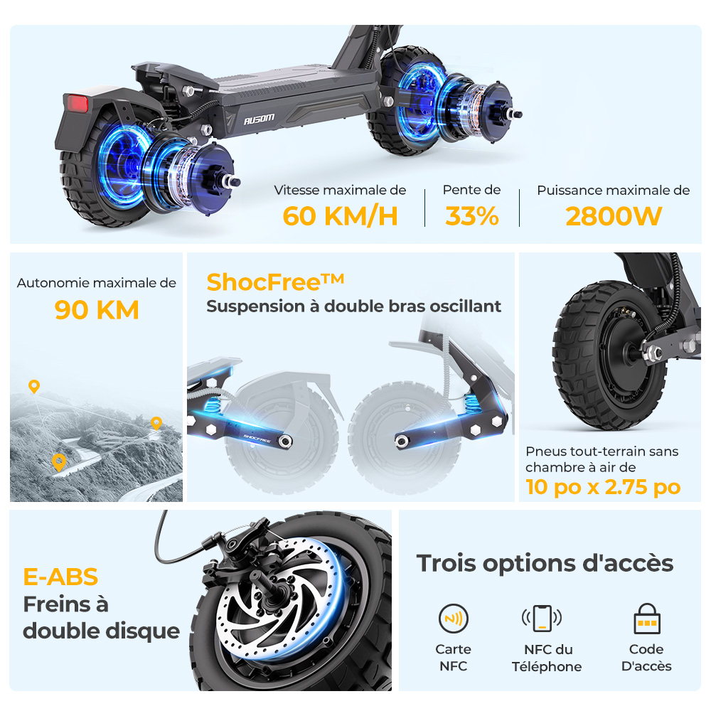 Ausom Gosoul 2 Pro Trottinette &Eacute;lectrique Double Moteur, Moteur 1000W*2, Batterie 48V 18Ah, Pneus 10 pouces, Vitesse Maximale 60km/h, Autonomie 90km, Freins &agrave; Disque Avant & Arri&egrave;re, Double Suspension Avant, D&eacute;verrouillage NFC
