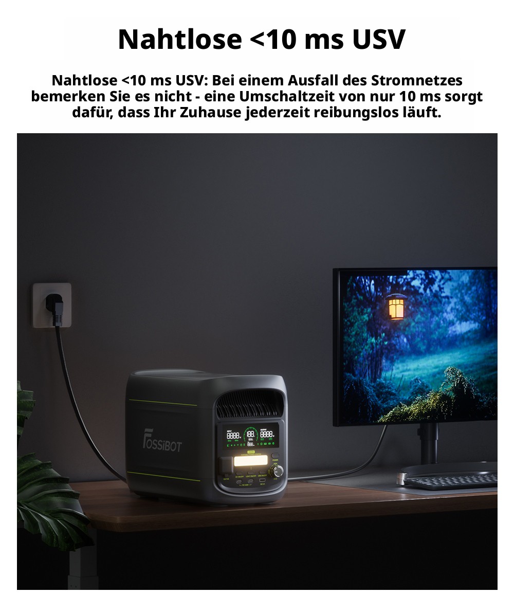 FOSSiBOT F1800 Tragbare Powerstation, 1024Wh LiFePO4, 1800W AC Ausgang, Ultra-Schnell 1200W AC & 500W Solarladung, Multi-Port USB/Type-C/Auto Ausgang, App-gesteuert, Leise <10ms USV