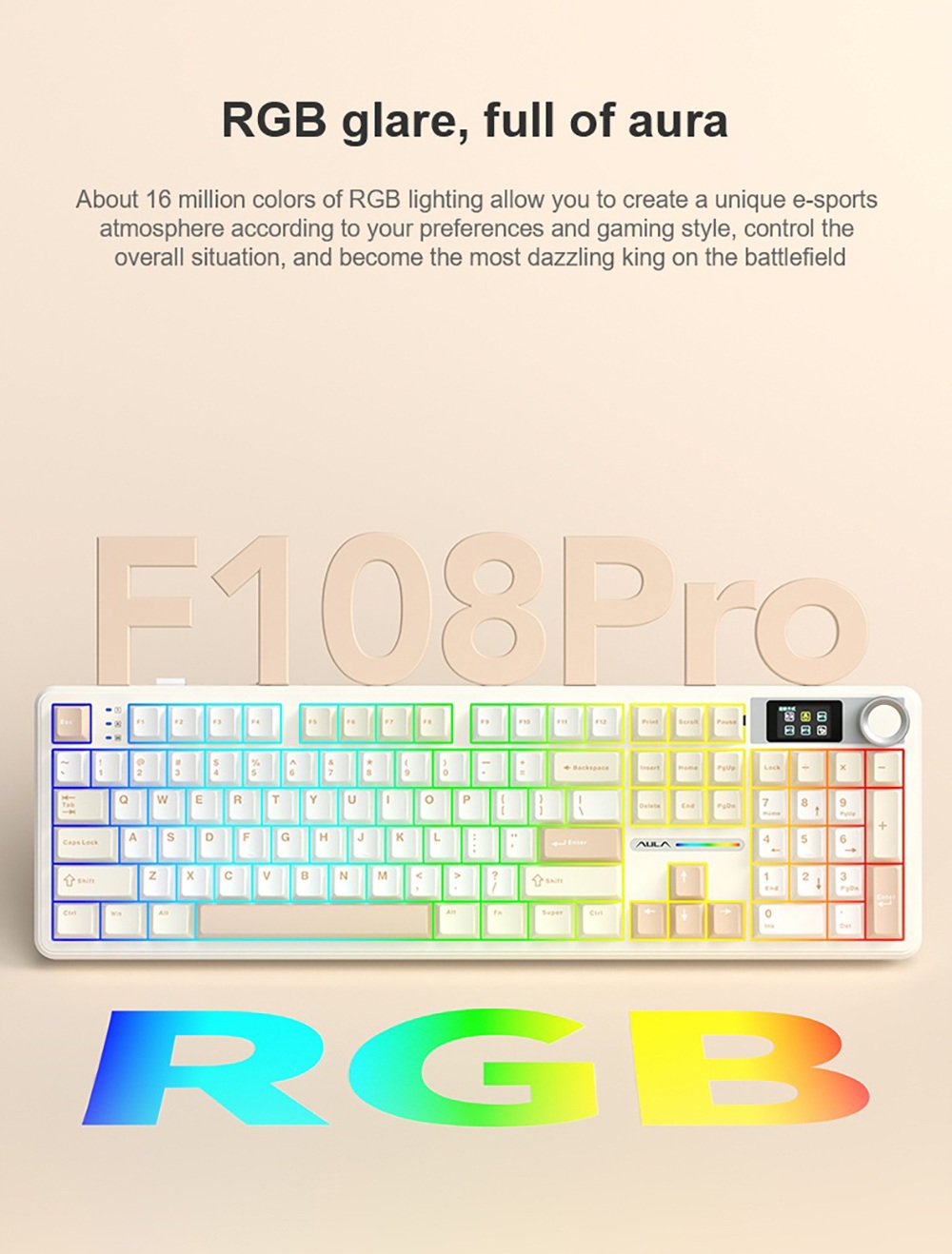 AULA F108 Pro Tri-Mode Wireless Mechanical Keyboard, 104-Key Gasket Mount, Hot-Swappable LEOBOG Graywood V3 Linear Switch, 1.14-Inch LCD Screen, RGB Backlit, 8000mAh Battery