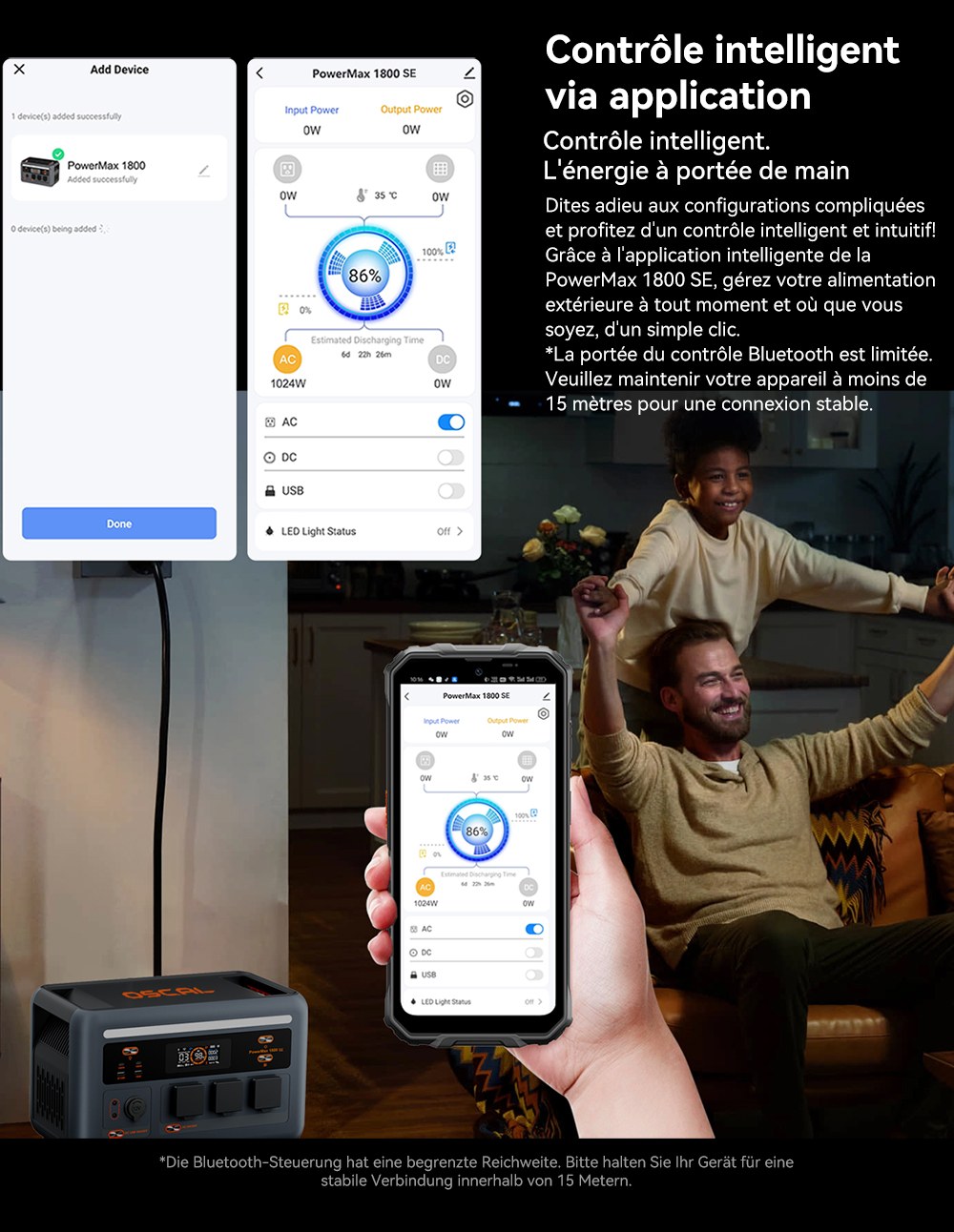 Blackview Oscal PowerMax 1800 SE Station d&rsquo;&Eacute;nergie Portable, Batterie LiFePO₄ 1024Wh, 1800W Puissance Nominale / 3600W Puissance de Cr&ecirc;te, 10 Sorties, Charge Rapide Solaire 800W & AC 700W, UPS 0,01s, pour Ext&eacute;rieur & Secours Domestique