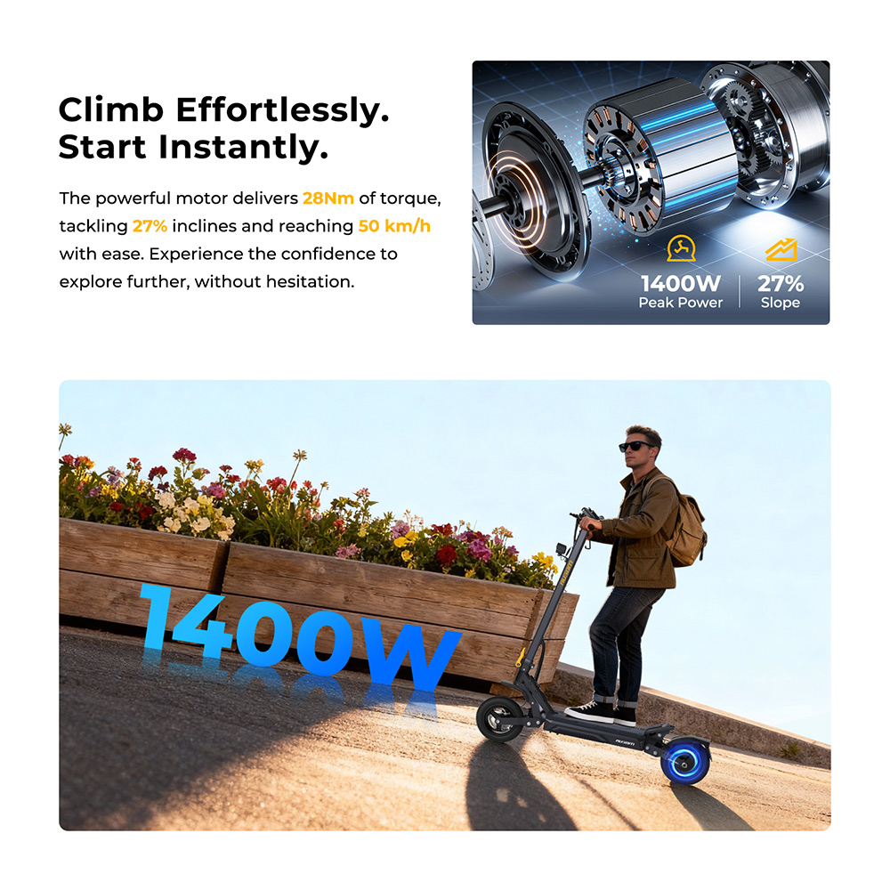 Ausom Gosoul 2 Pro Elektroroller, 1000W Motor, 48V 18Ah Akku, 10-Zoll-Reifen, 50 km/h Höchstgeschwindigkeit, 90 km Reichweite, Vor- und Hinten Scheibenbremse, Doppelte Vorderradaufhängung, NFC-Entsperrung