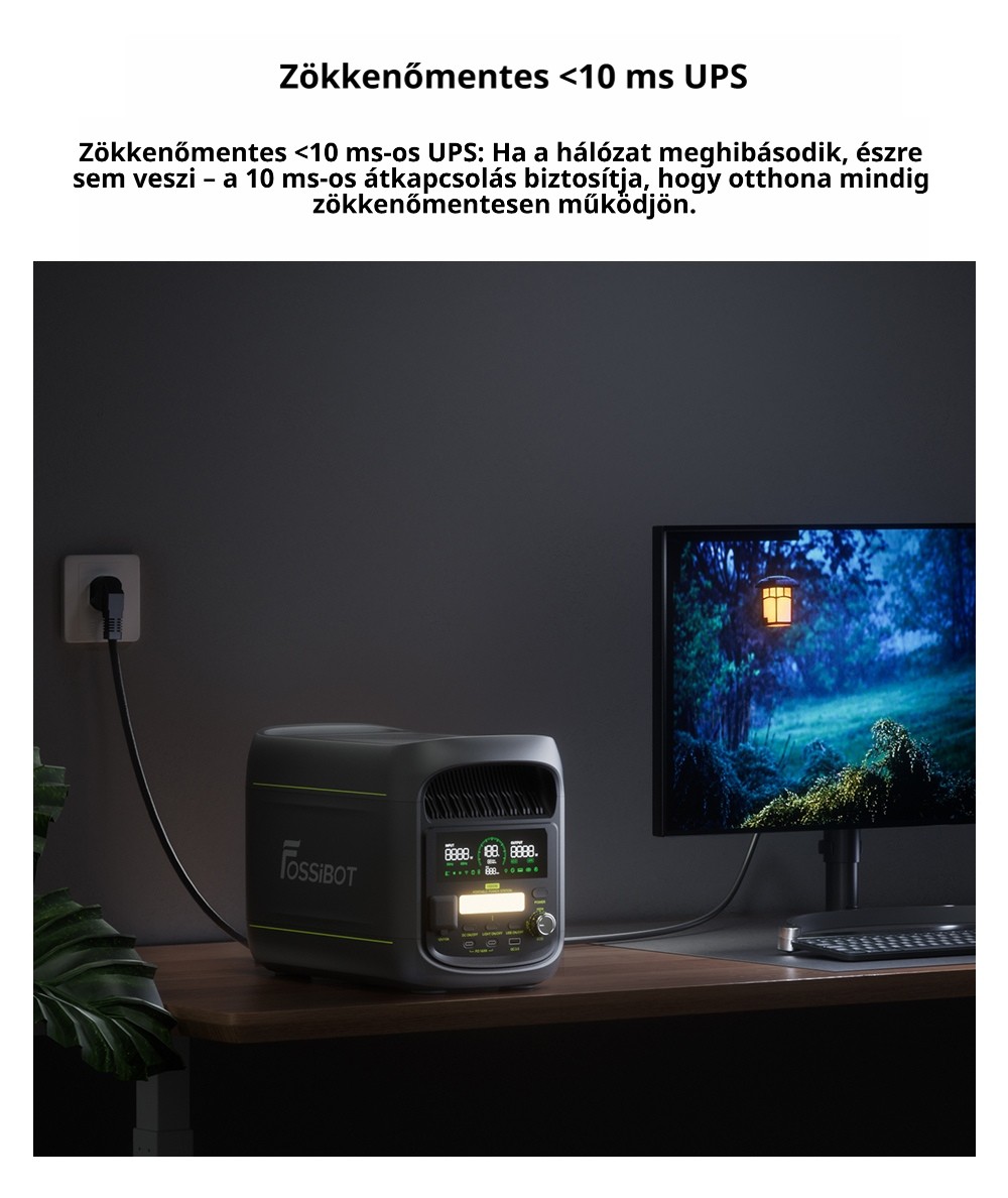 FOSSiBOT F1800 Hordozhat&oacute; Erőmű, 1024Wh LiFePO4, 1800W AC Kimenet, Ultra-Gyors 1200W AC & 500W Napelemes T&ouml;lt&eacute;s, T&ouml;bbportos USB/Type-C/Aut&oacute;s Kimenet, App-vez&eacute;rl&eacute;s, Csendes <10ms UPS