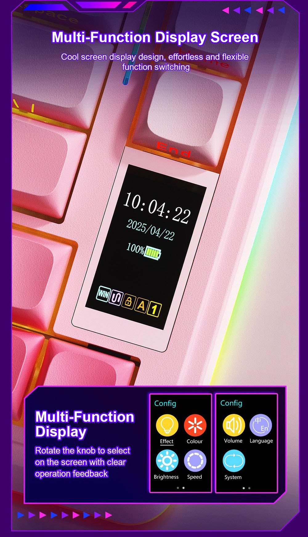 AULA S75 Pro Tri-Mode Wireless Mechanical Keyboard, LCD Screen, Knob Control, Hot-Swappable, RGB Backlit, 75% Layout, 4000mAh Battery - Blue