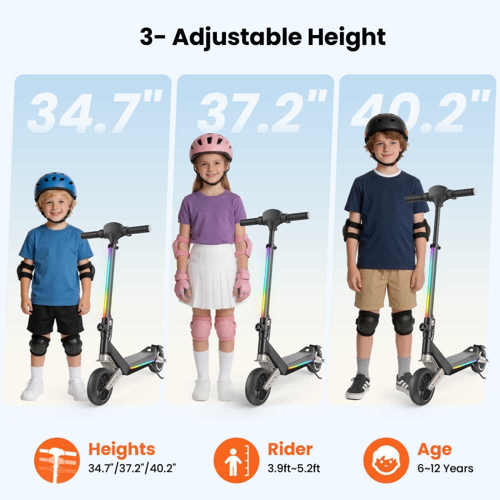 iScooter K6 Kids Electric Scooter, 150W Motor, 21V 2.6Ah Battery, 16km/h Max Speed, 9km Range, 3 Speed Modes, Adjustable Height, Foldable with LED Lights & Bluetooth, 70kg Load