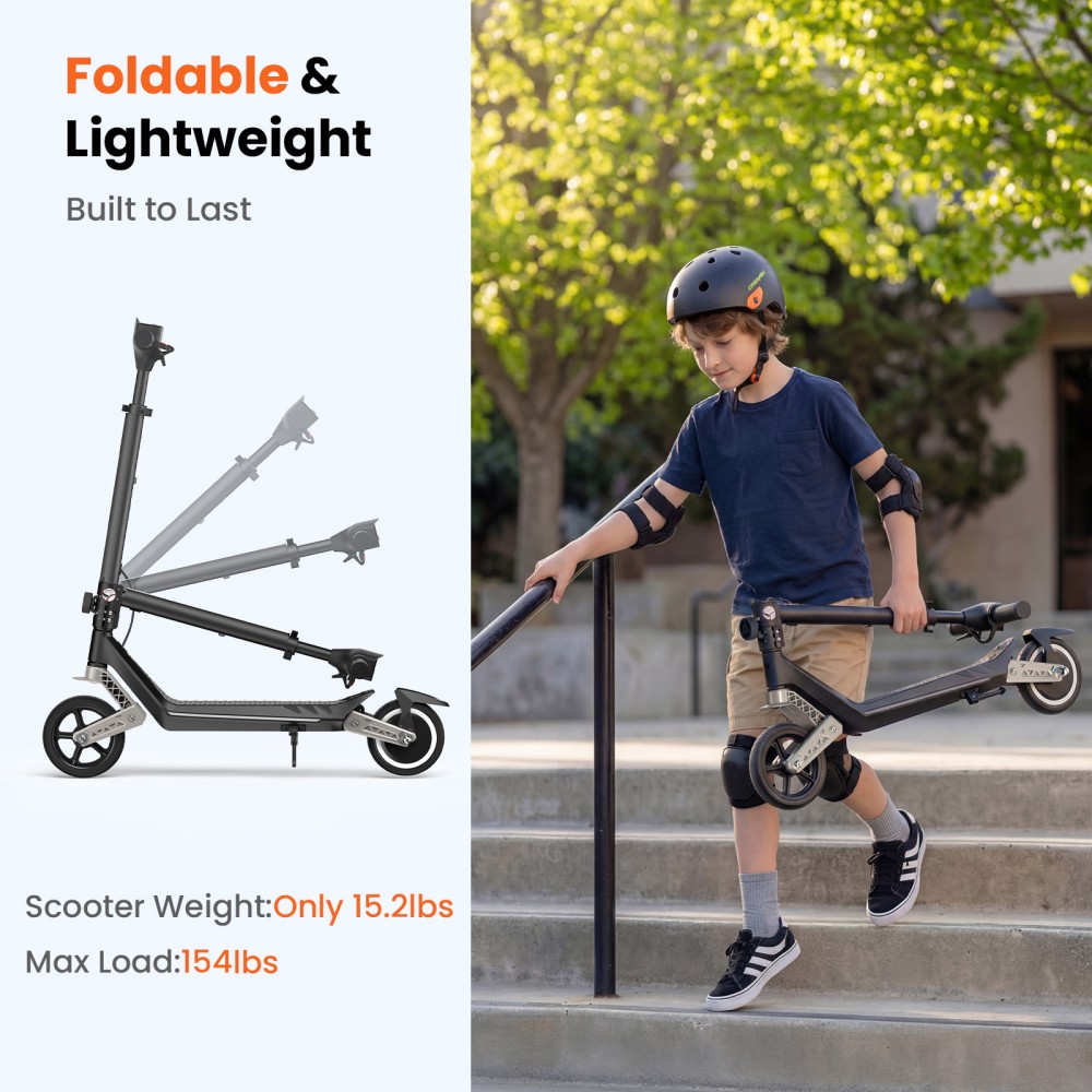 iScooter K6 Kids Electric Scooter, 150W Motor, 21V 2.6Ah Battery, 16km/h Max Speed, 9km Range, 3 Speed Modes, Adjustable Height, Foldable with LED Lights & Bluetooth, 70kg Load