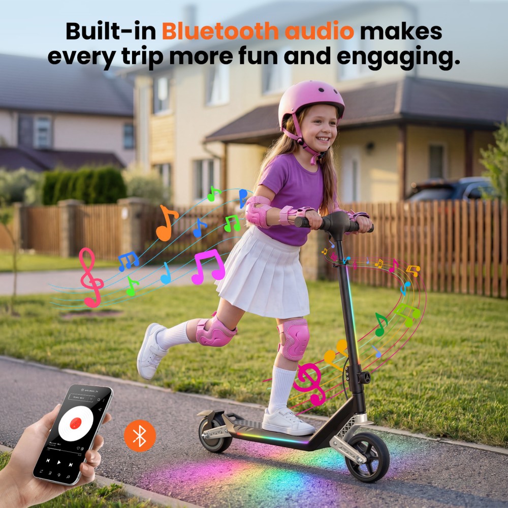 iScooter K6 Kids Electric Scooter, 150W Motor, 21V 2.6Ah Battery, 16km/h Max Speed, 9km Range, 3 Speed Modes, Adjustable Height, Foldable with LED Lights & Bluetooth, 70kg Load