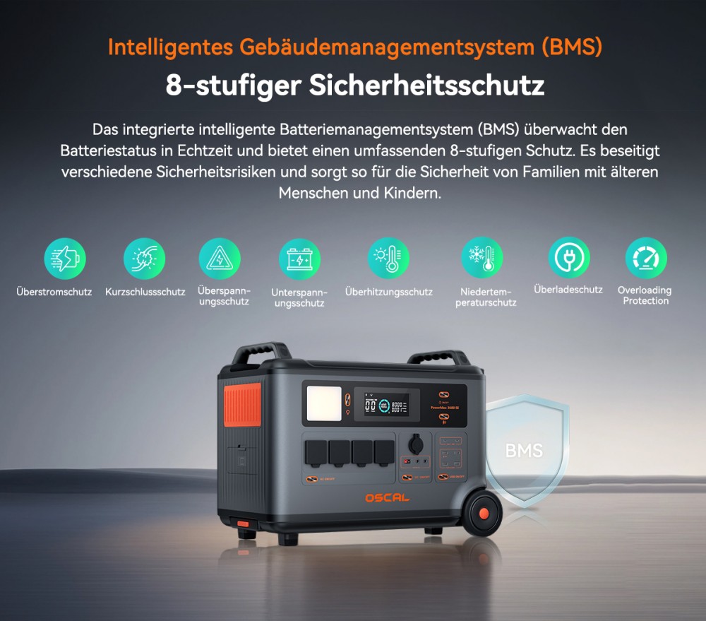 Oscal PowerMax 3600SE Tragbare Powerstation, 3600Wh LiFePO4-Akku, 3600W Reiner Sinuswellenausgang, 4500W Spitzenleistung, 6 LED-Lichtmodi, USB-C 100W, App-Steuerung, Schnellladung, Solargenerator für Hausnotstrom, Wohnmobil, Camping - EU-Stecker