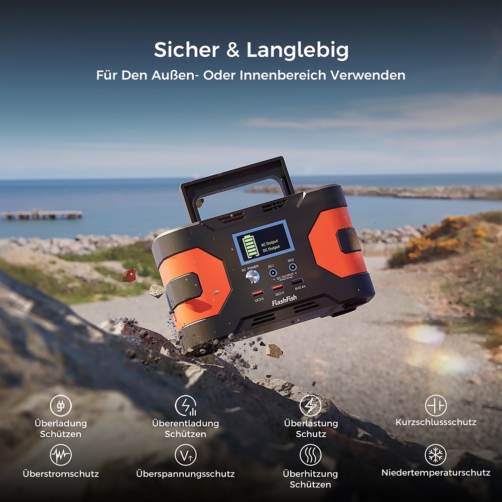 FlashFish EA200 Tragbare Powerstation, Lithium-Ionen-18650-Batterie, 200W reine Sinuswellenleistung, 400W Spitzenleistung, 230V AC-Steckdose, QC3.0 Schnellladung, Aufladung &uuml;ber Stromnetz/Solar/Auto, Solargenerator f&uuml;r Camping, CPAP, Reisen & Notstromversorgung