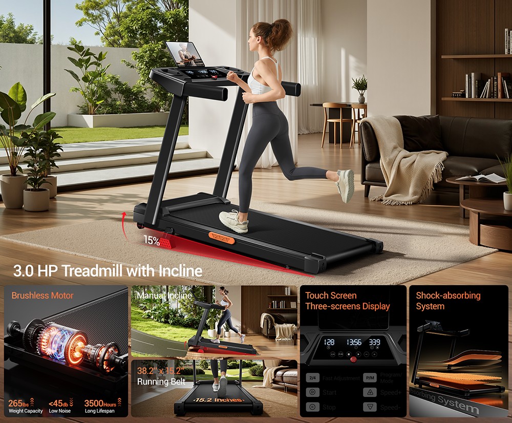 ROBORE SF10 futópad 15%-os lejtéssel, elektromos futópad 12KM/H, összecsukható futópad otthonra 3,0 LE-s motorral és LED kijelzővel, maximális terhelés 120 kg