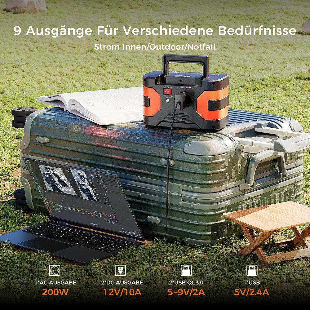 FlashFish EA200 Tragbare Powerstation, Lithium-Ionen-18650-Batterie, 200W reine Sinuswellenleistung, 400W Spitzenleistung, 230V AC-Steckdose, QC3.0 Schnellladung, Aufladung &uuml;ber Stromnetz/Solar/Auto, Solargenerator f&uuml;r Camping, CPAP, Reisen & Notstromversorgung