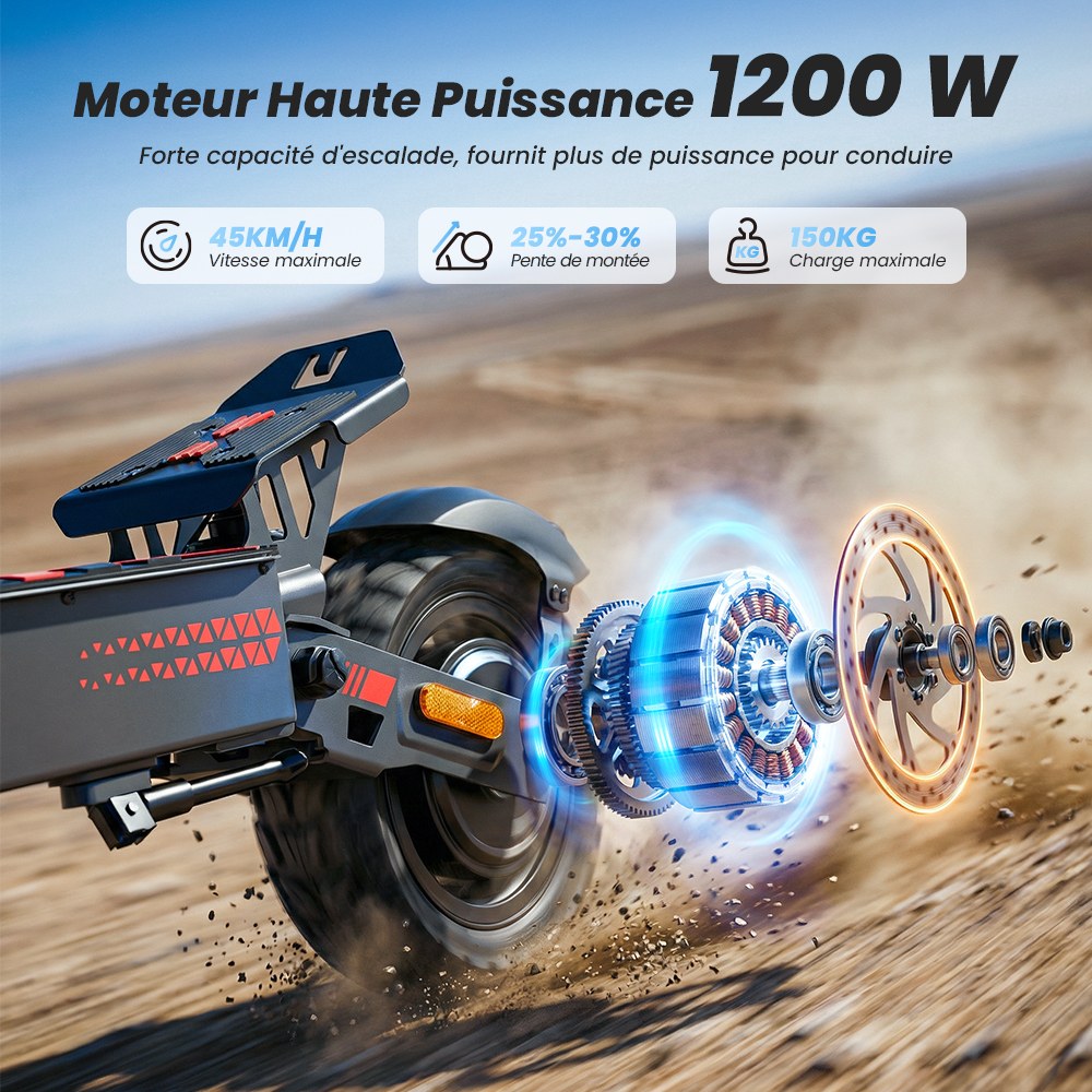iScooter iF1 Trottinette électrique pliable, moteur 1200W, batterie 48V 10Ah, 45 km/h, autonomie 40–50 km, pneus tout-terrain tubeless 10 pouces, freins à disque avant/arrière + E-ABS, IPX5, application iScooter Club, charge max 150 kg