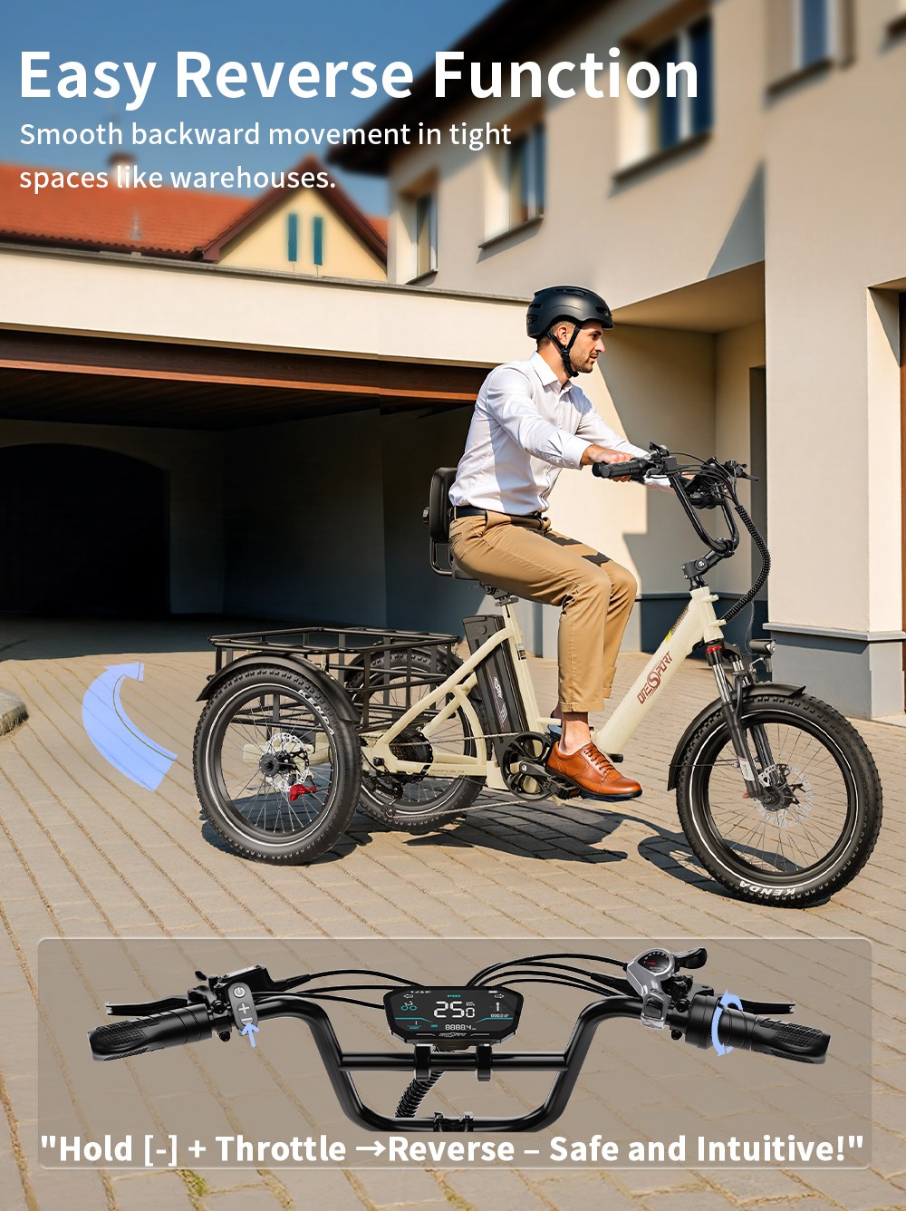 ONESPORT OT30 Pro Elektromos Tehersz&aacute;ll&iacute;t&oacute; Tricikli, 500 W-os Motor, 48 V 18 Ah Akkumul&aacute;tor, 20*3 h&uuml;velykes Gumiabroncsok, 25 km/h Max. Sebess&eacute;g, 90 km Hat&oacute;t&aacute;vols&aacute;g, Hidraulikus T&aacute;rcsaf&eacute;kek, Leng&eacute;scsillap&iacute;t&oacute; Első Villa, Shimano 7 Sebess&eacute;gv&aacute;lt&oacute;, 180 kg Max. Terhelhetős&eacute;g - B&eacute;zs