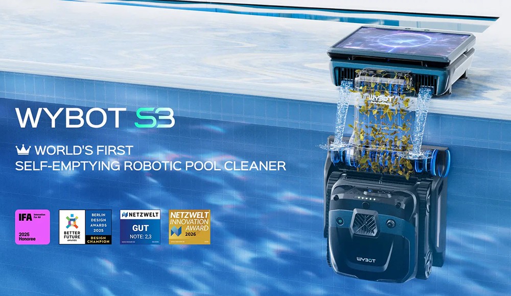 WYBOT S3 Nettoyeur De Piscine Robotique Sans Fil, Cartographie 3D et Navigation Intelligente, Autonomie De 3 Heures, Bac &Agrave; D&eacute;bris De 10L, Stationnement Automatique et Nettoyage Automatique, Double Alimentation Solaire + DC, Compatible Multi-Surfaces