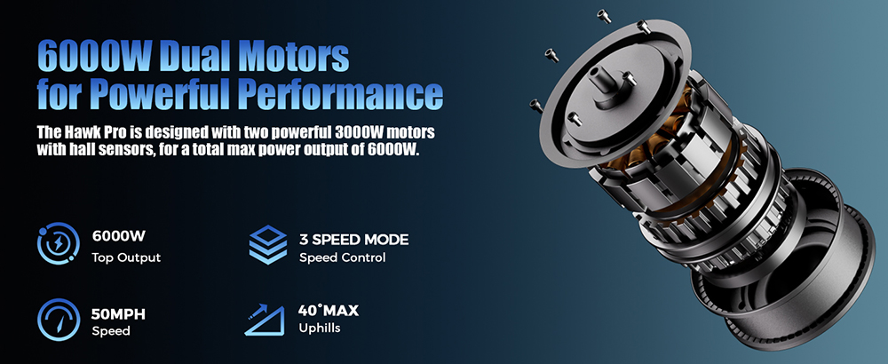 YUME HAWK Pro Electric Scooter, 10x4.5" Tubeless Road Tires 3000W*2 Motor 60V 30Ah Battery 80km/h Max Speed 100km Max Range 3 Gears Shift System Disc Brake Adjustable Hydraulic Suspension NFC APP Control