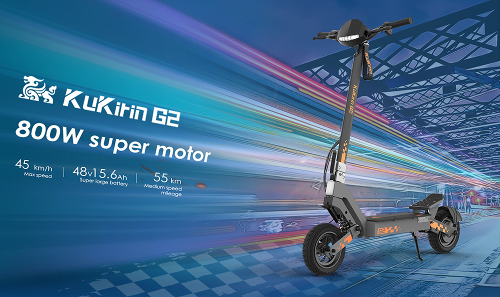 KuKirin G2 Összecsukható Elektromos roller 2026 Frissítés 800W Motor 48V 15.6Ah Akkumulátor 10 hüvelykes Gumiabroncs 45km/h Max. Sebesség 55km Hatótávolság Érintőképernyős Kijelző Tárcsafék 7 Világítási Rendszer - Fekete