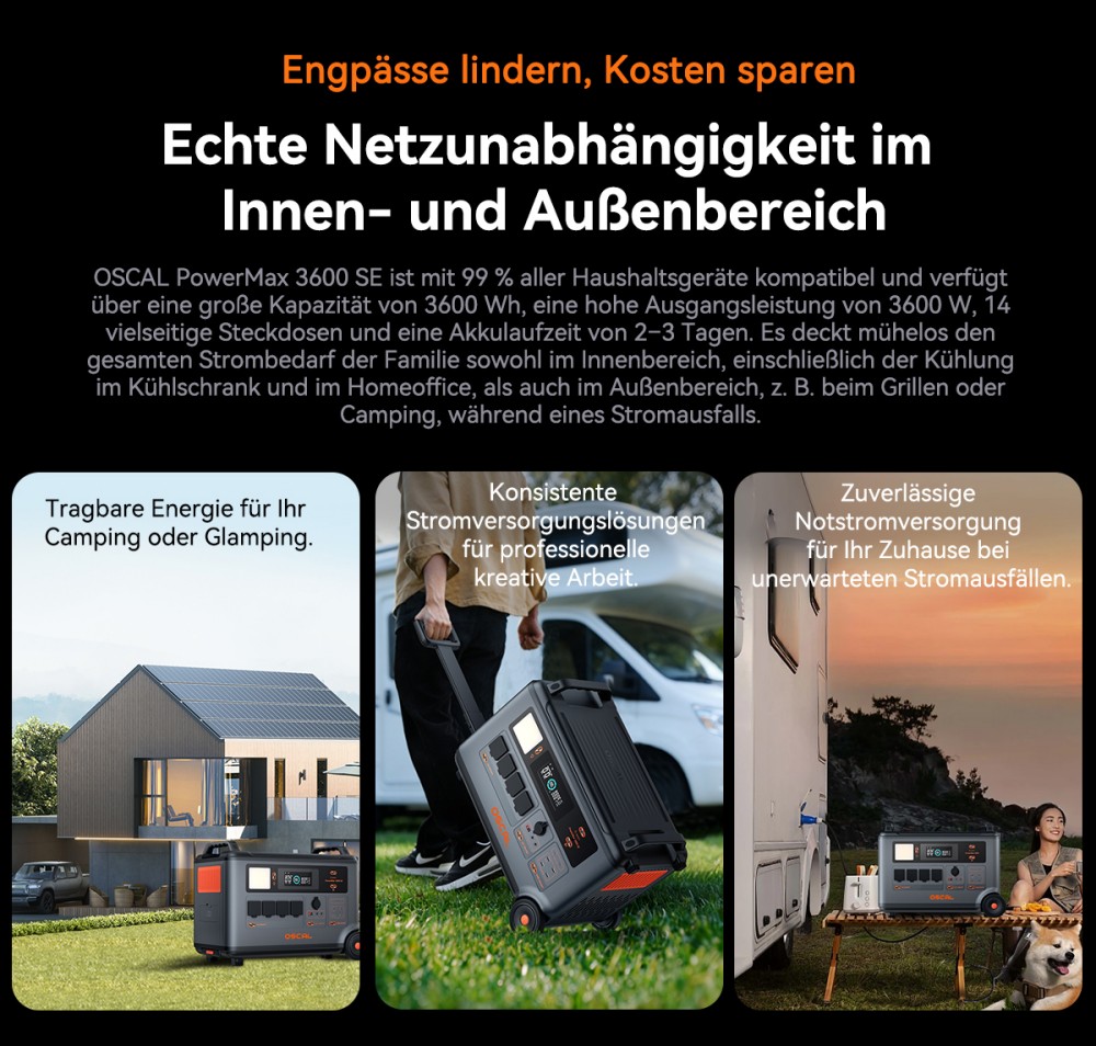 Oscal PowerMax 3600SE Tragbare Powerstation, 3600Wh LiFePO4-Akku, 3600W Reiner Sinuswellenausgang, 4500W Spitzenleistung, 6 LED-Lichtmodi, USB-C 100W, App-Steuerung, Schnellladung, Solargenerator für Hausnotstrom, Wohnmobil, Camping - EU-Stecker