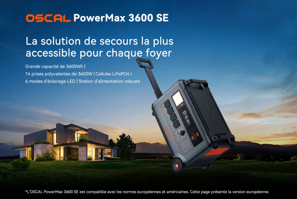 Oscal PowerMax 3600SE Station d&rsquo;&eacute;nergie portable, batterie LiFePO4 3600Wh, sortie sinuso&iuml;dale pure 3600W, pic 4500W, 6 modes LED, USB-C 100W, commande app, recharge rapide, g&eacute;n&eacute;rateur solaire pour secours, camping, camping-car &ndash; prise EU